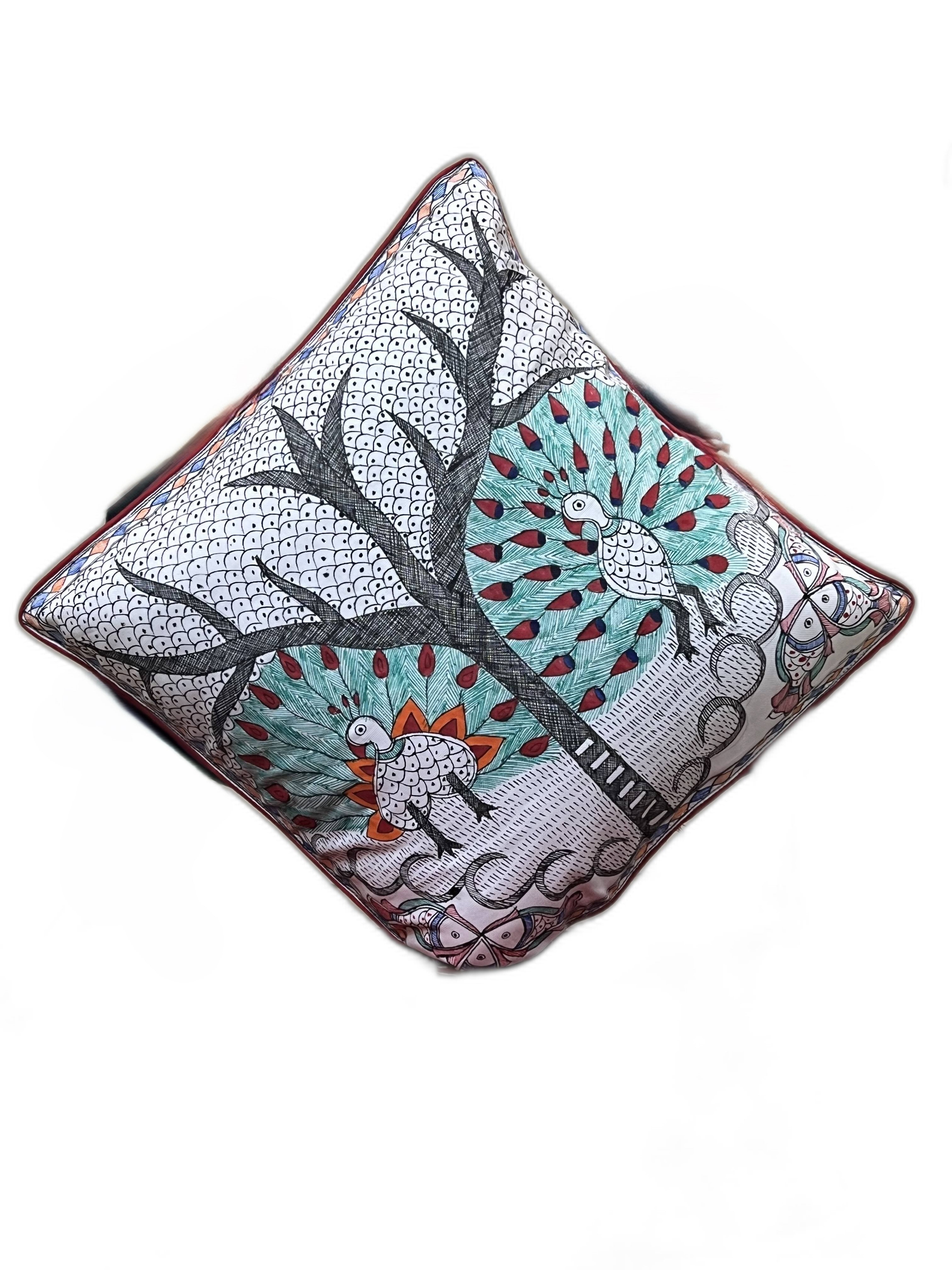 HAND-PAINTED MADHUBANI MAYUR CUSHION COVER